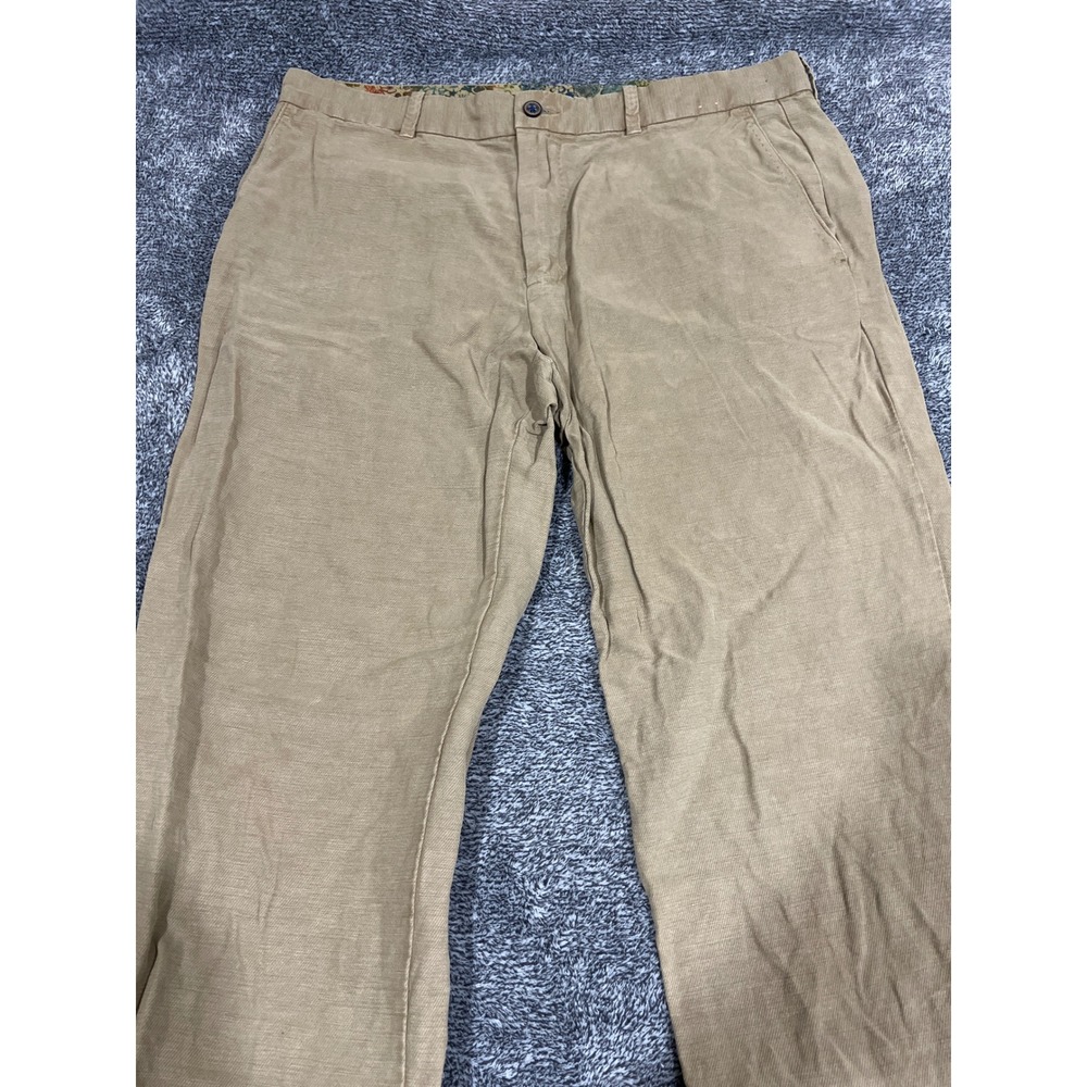 Tommy Bahama Mens 35x32 Tan Linen Tencel Blend Flat Front Casual Pants Khaki